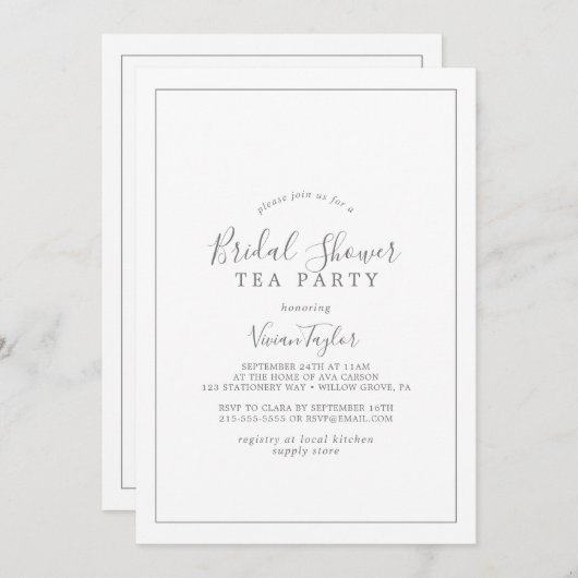 Minimalistisches Silver Brautparty Tee Party Einladung (Vorne/Hinten)