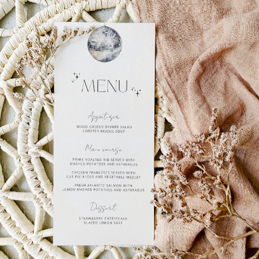 Minimalistisches "Silver Disco Ball Wedding Menu" Menükarte