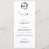 Minimalistisches "Silver Disco Ball Wedding Menu" Menükarte (Vorderseite)