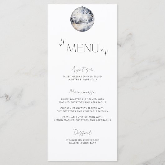 Minimalistisches "Silver Disco Ball Wedding Menu" Menükarte (Vorderseite)