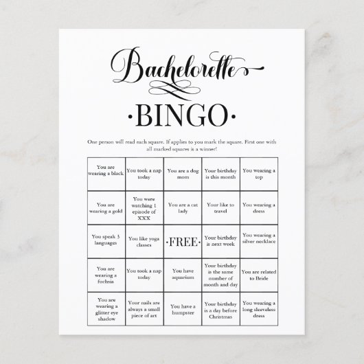 Minimalistisches Simple Bachelorette Bingo Game (Vorderseite)
