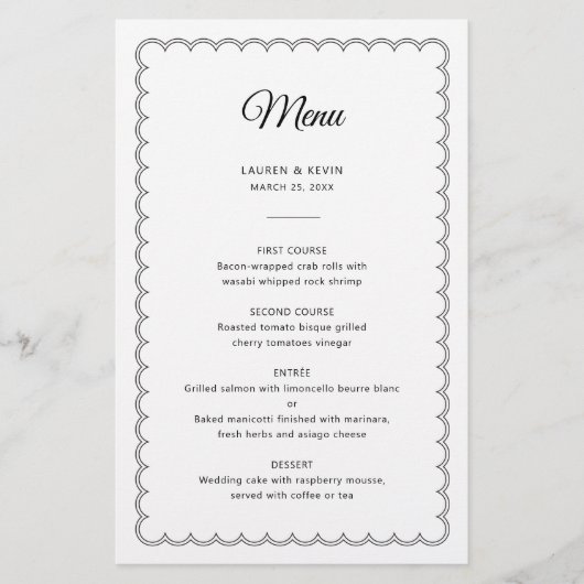 Minimalistisches skallopiertes Randmenü mit Namen (Vorderseite)