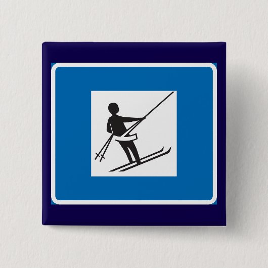 Minimalistisches Skilift-Symbol mit blauer Grenze Button (Vorderseite)