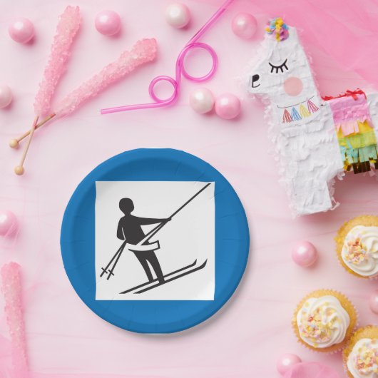 Minimalistisches Skilift-Symbol mit blauer Grenze Pappteller (Party)