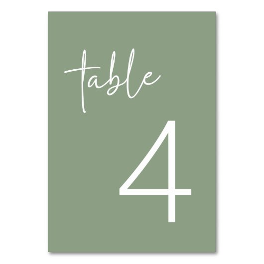 Minimalistisches Skript-Brautparty im Sage-Flat Tischnummer (Vorderseite)