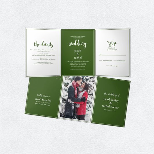 Minimalistisches Skript, dunkelgrüne und weiße Hoc Dreifach Gefaltete Einladung