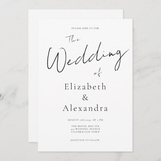 Minimalistisches Skript Eleganter QR-Code Hochzeit Einladung (Vorne/Hinten)