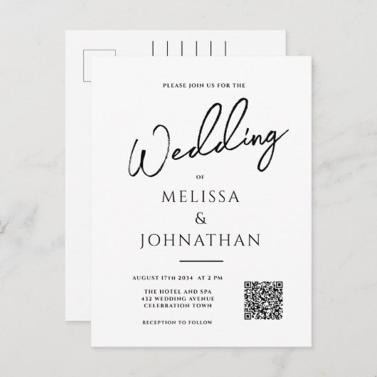 Minimalistisches Skript Eleganter QR-Code Hochzeit Einladungspostkarte (Vorne/Hinten)