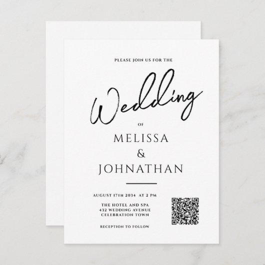 Minimalistisches Skript Eleganter QR-Code Hochzeit Einladungspostkarte (Vorne/Hinten)