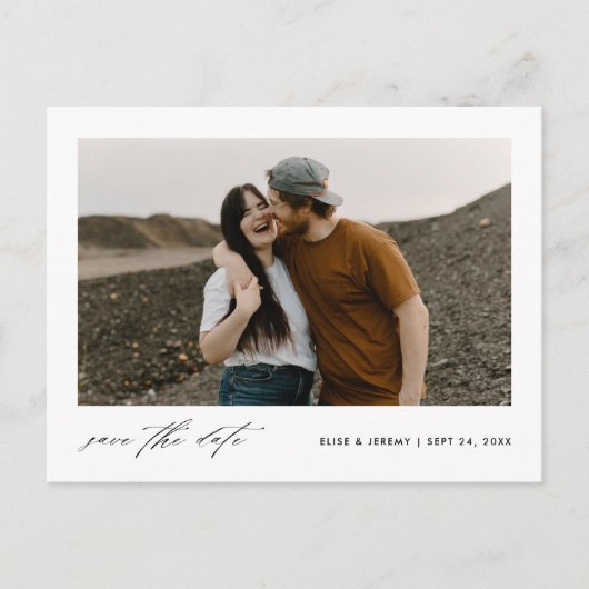 Minimalistisches Skript-Foto Hochzeit speichern Si Ankündigungspostkarte (Vorderseite)