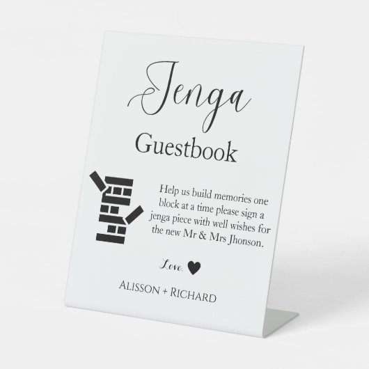 Minimalistisches Skript Hochzeit Jenga Gästebuch Sockelschild (Vorderseite)