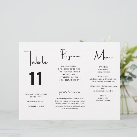 Minimalistisches Skript-Hochzeitmenü (Stehend Vorderseite)