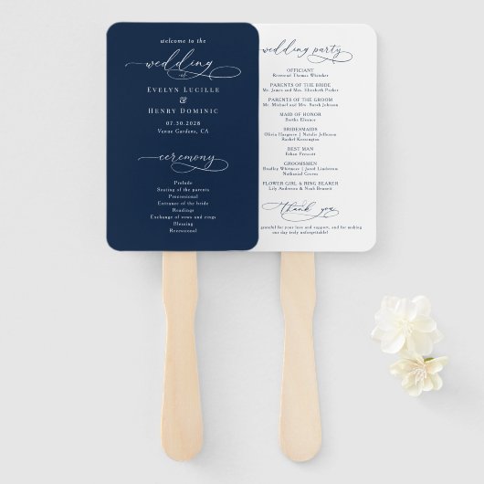 Minimalistisches Skript Navy Blaues Hochzeitsprogr Fächer (Vorne und Hinten)