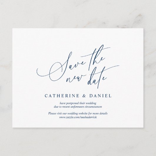 Minimalistisches Skript, Navy Blue, Hochzeit versc Postkarte (Vorderseite)