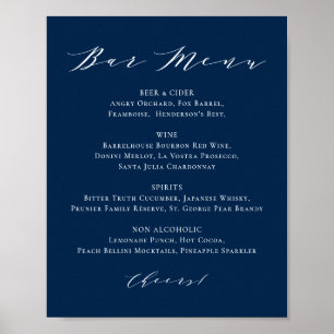 Minimalistisches Skript Navy Blue Wedding Bar Menu Poster