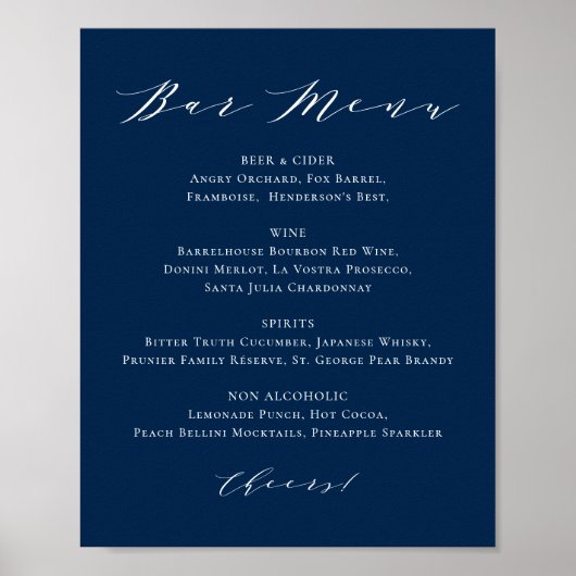 Minimalistisches Skript Navy Blue Wedding Bar Menu Poster (Vorne)