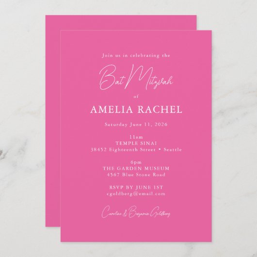 Minimalistisches Skript Niedlich Hot Pink Moderner Einladung (Vorne/Hinten)