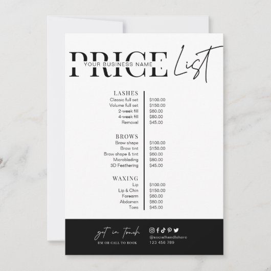 Minimalistisches Skript Schwarz-weiß Salon Preisli (Vorderseite)