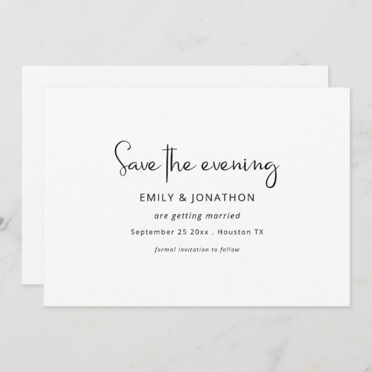 Minimalistisches Skript Schwarz-weiße QR Rettete D Save The Date (Vorne/Hinten)