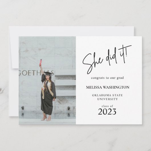 Minimalistisches Skript Sie tat es Abschluss Foto Ankündigung (Vorderseite)