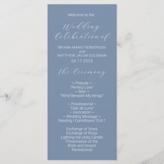 Minimalistisches Skript Staubblau Hochzeitsprogram Programm (Vorderseite)