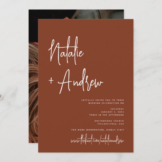 Minimalistisches Skript Terracotta Virtual Wedding Einladung (Vorne/Hinten)