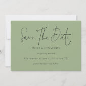 Minimalistisches Skriptformat Save the Date grün (Vorderseite)