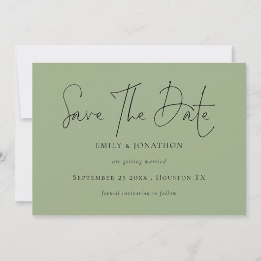 Minimalistisches Skriptformat Save the Date grün (Vorderseite)