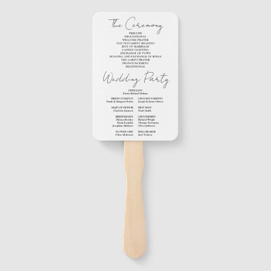 Minimalistisches Skripthochzeitsprogramm für Schwa Fächer (Rückseite)