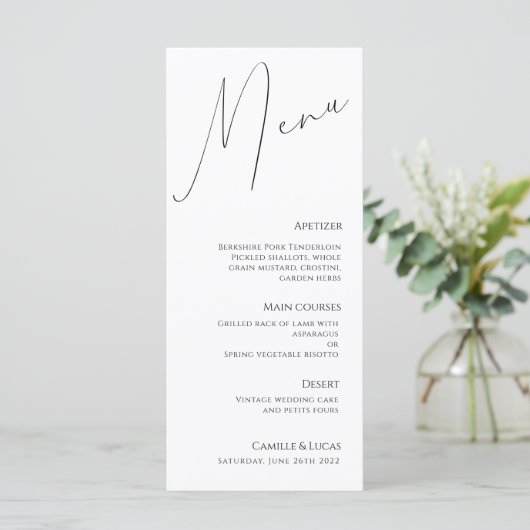 Minimalistisches Skriptmenü für moderne Hochzeiten Menükarte (Stehend Vorderseite)