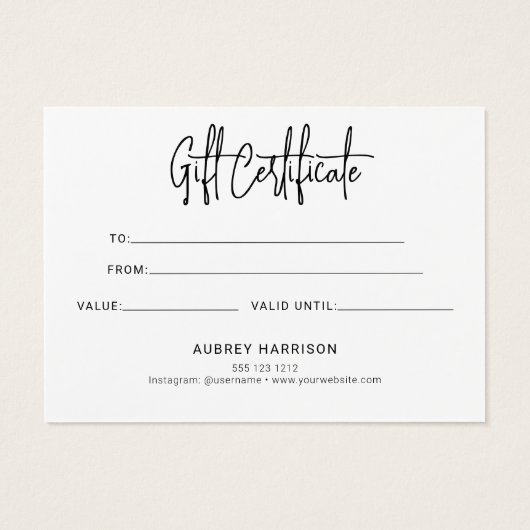 Minimalistisches Skriptweißes Geschenkzertifikat (Rückseite)