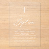 Minimalistisches Skriptweißes Taufen Acryleinladungen (Vorderseite)