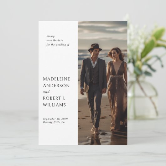 Minimalistisches Slim-Fotovorlage Hochzeitdatum Ge Save The Date (Stehend Vorderseite)