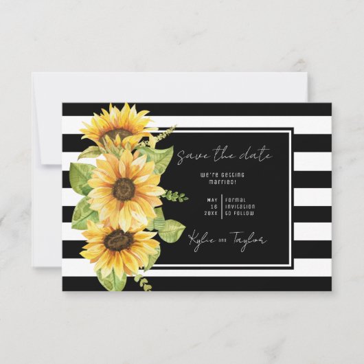 Minimalistisches Sonnenblumenschwarz Streifen Hoch Save The Date (Vorderseite)