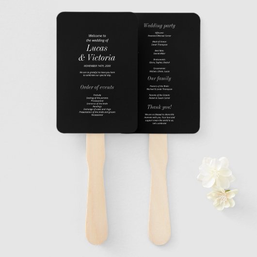 Minimalistisches, stilvolles Black Wedding Program Fächer (Vorne und Hinten)