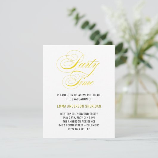 Minimalistisches Stylish Script Gold Grad Party RSVP Karte (Stehend Vorderseite)