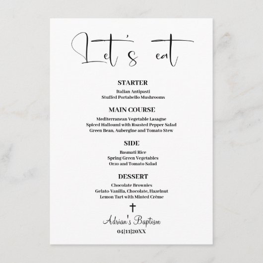 Minimalistisches Taufmenü Menükarte (Vorderseite)