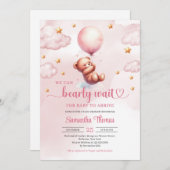 Minimalistisches Teddy mit rosa Ballonbrause Einladung (Vorne/Hinten)