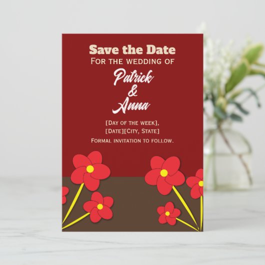 Minimalistisches Trio roter Blumen Design Save The Date (Stehend Vorderseite)