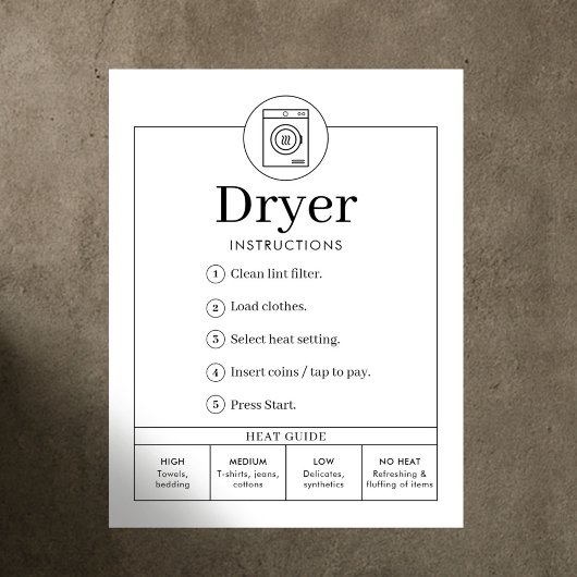 Minimalistisches Trockner Bedienungs Schild Poster