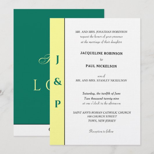 Minimalistisches Tropengelbes Monogramm Einladung (Vorne/Hinten)