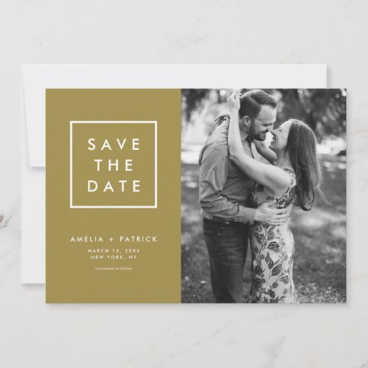 Minimalistisches Typografie-Gold-Foto Save the Dat Date (Vorderseite)
