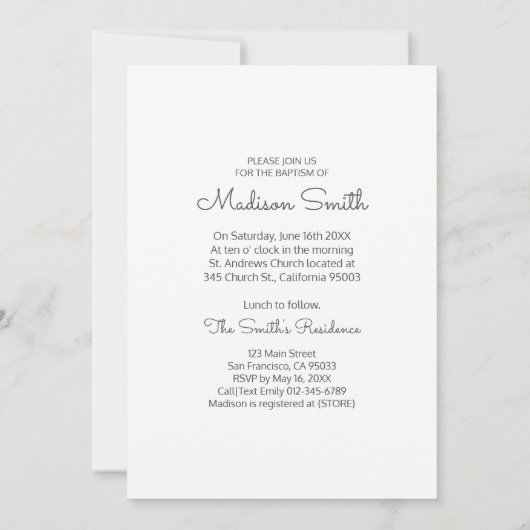 Minimalistisches und einfaches Foto Taufe Einladun Save The Date (Rückseite)