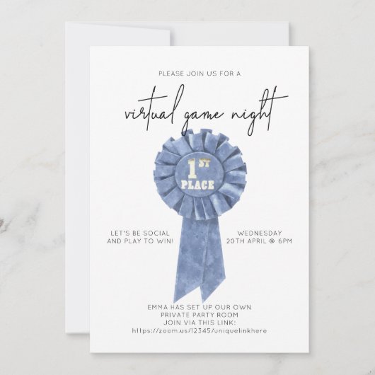 Minimalistisches Virtual Game Night Blue Ribbon Einladung (Vorderseite)