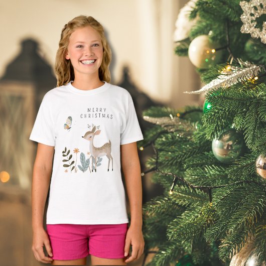 Minimalistisches Wasserfarben-Hirsch und Schmetter T-Shirt