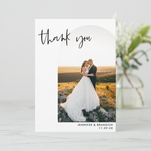 Minimalistisches Wedding Arch Foto Vielen Dank Dankeskarte (Stehend Vorderseite)