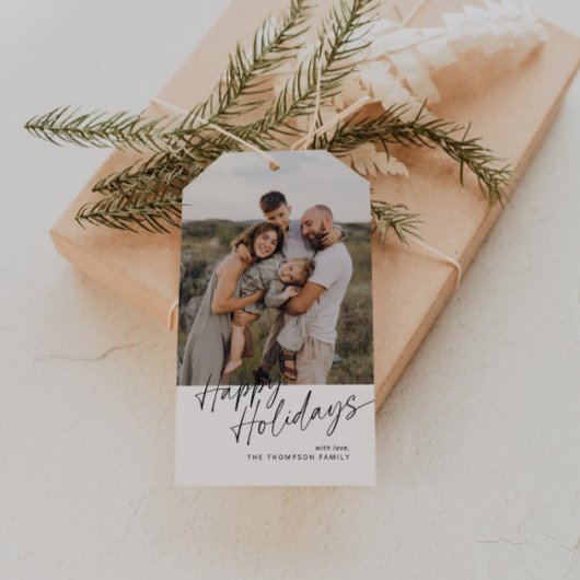 Minimalistisches Weihnachts-Foto Skript glückliche Geschenkanhänger