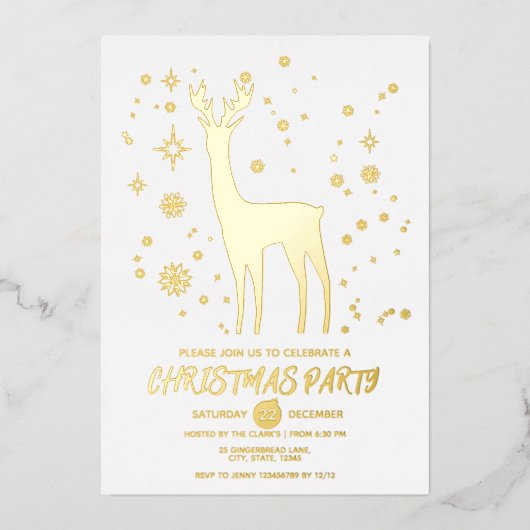 Minimalistisches Weiß und Gold Elegantes Deer Xmas Folieneinladung (Vorderseite)