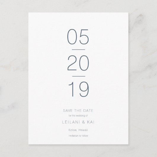 Minimalistisches Weiß und Navy Blau Save the Date Ankündigungspostkarte (Vorderseite)