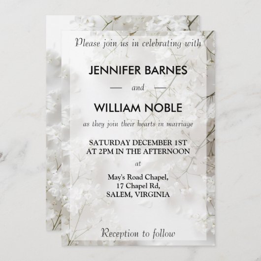 Minimalistisches weißes Gipskraut Moderne Hochzeit Einladung (Vorne/Hinten)